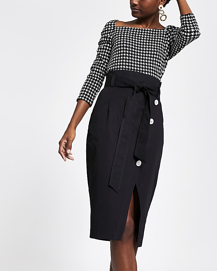 Black tie waist pencil skirt