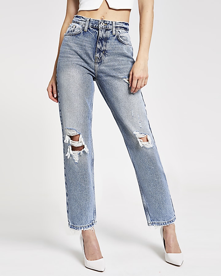 Mid blue straight ripped jeans
