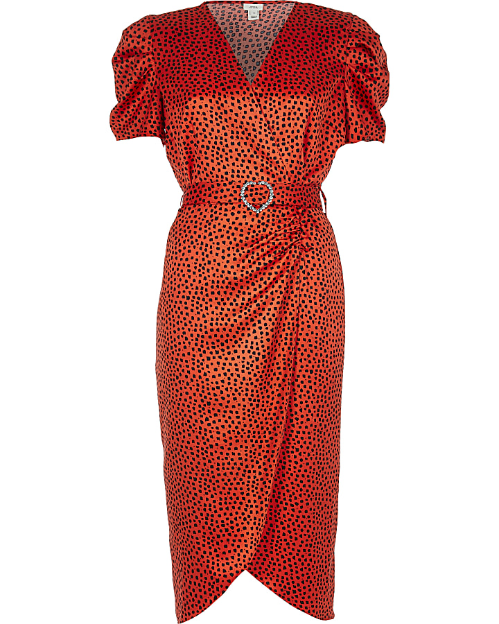 Red heart print wrap midi dress