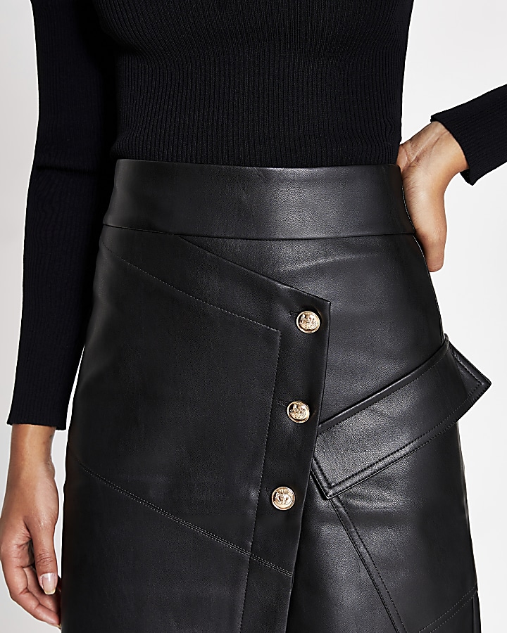 Black faux leather button A line midi skirt