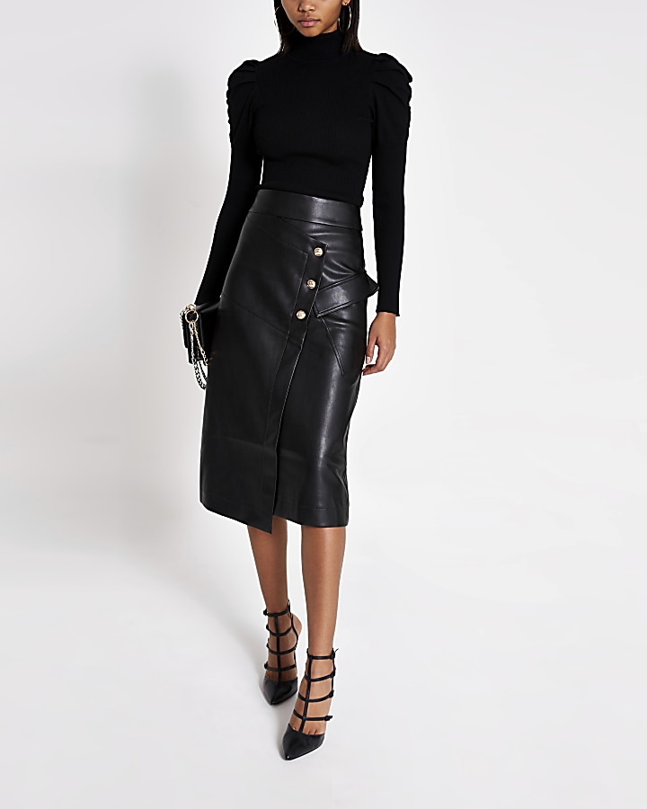 Black faux leather button A line midi skirt