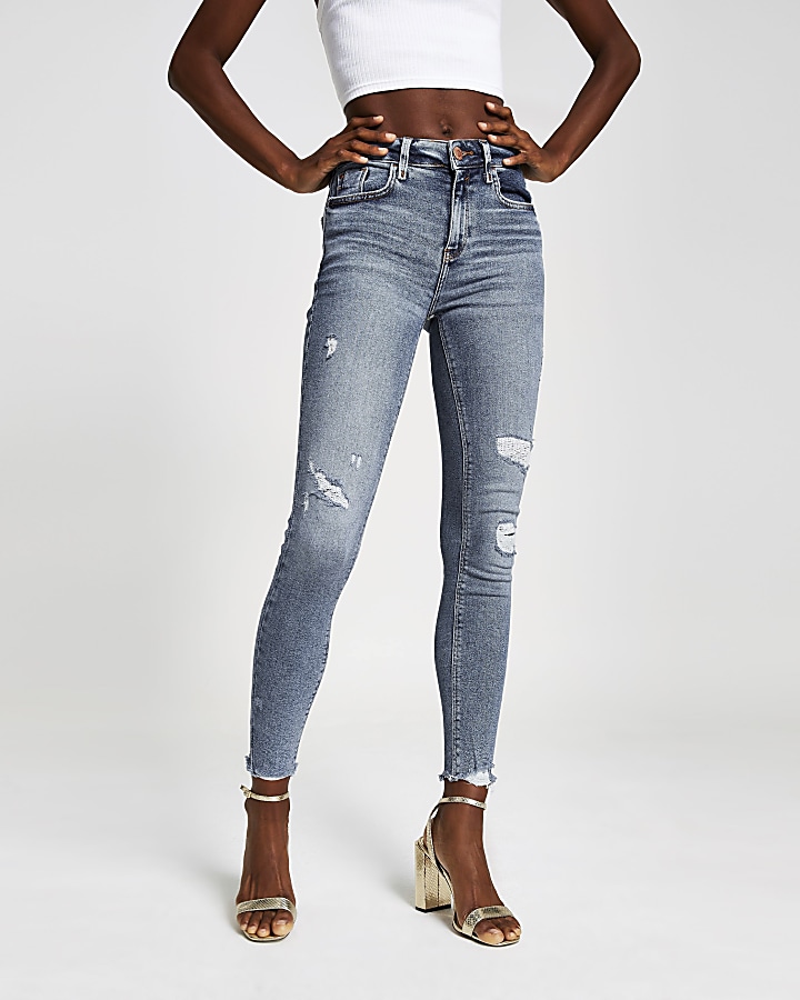 Mid blue Amelie super skinny ripped jeans