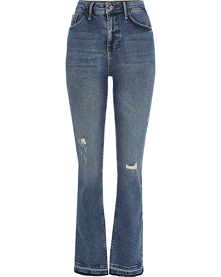 Blue ripped high waisted bootcut jeans