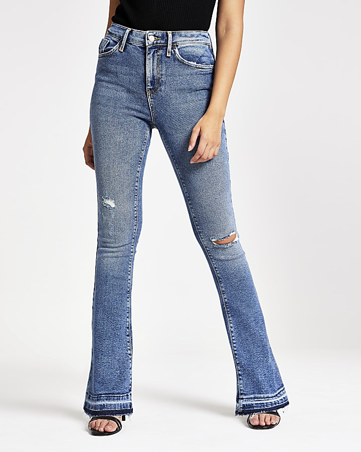 Blue ripped high waisted bootcut jeans