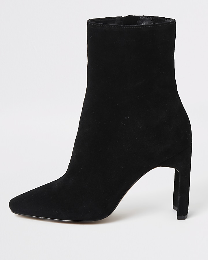 Black suede high blocked heel ankle boot