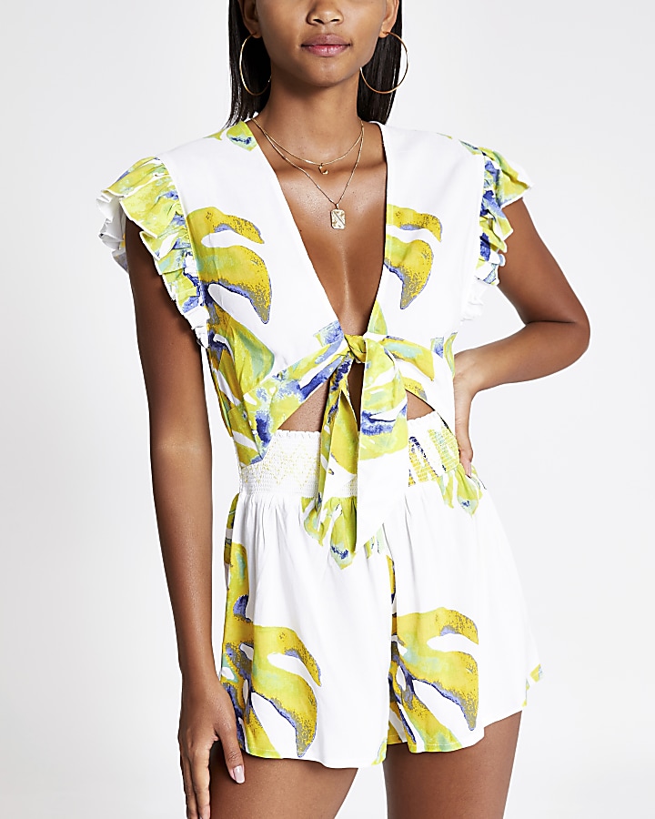White floral tie front playsuit
