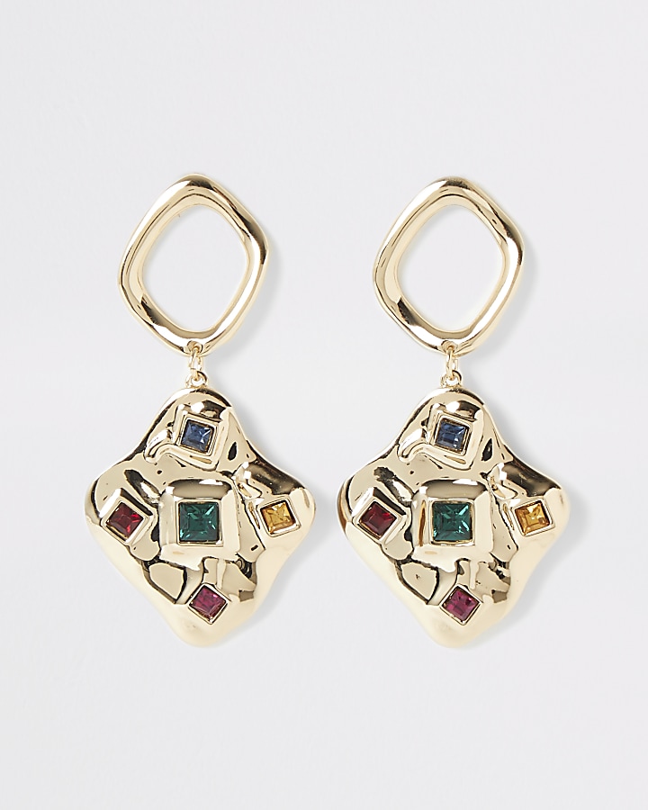 Gold colour scattered gem drop earrings