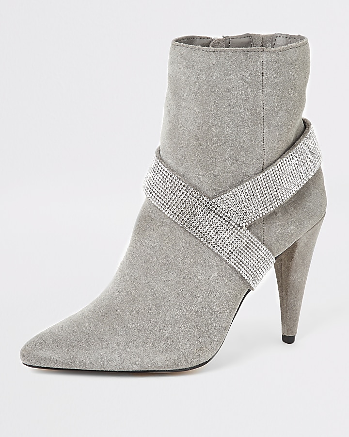 Grey suede embellished strap heeled boots