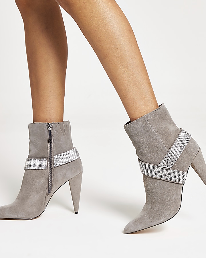 Grey suede embellished strap heeled boots