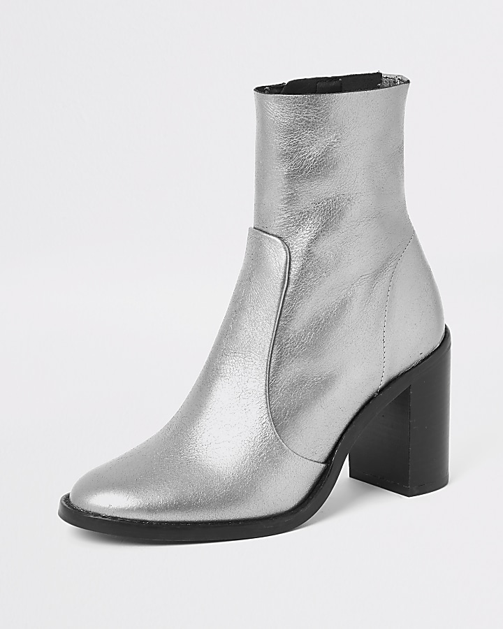 Silver leather sock boot