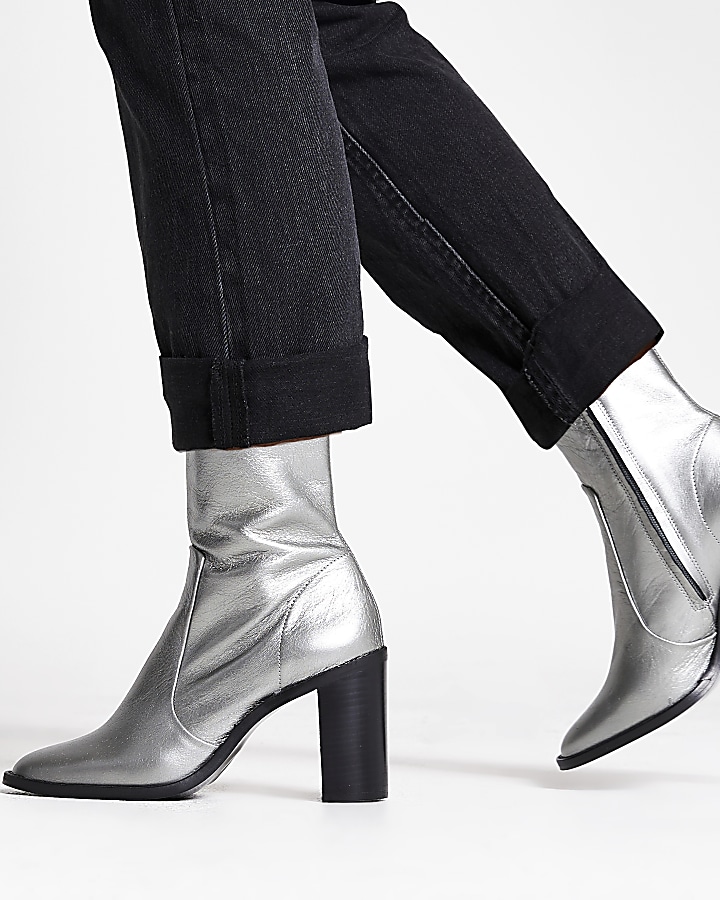 Silver leather sock boot