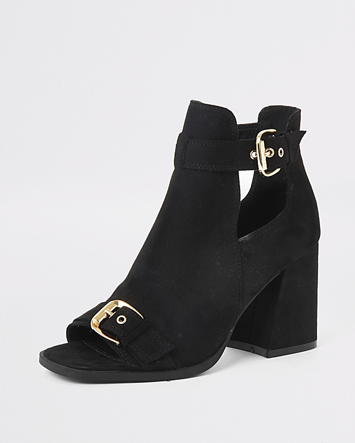 Black faux suede square toe shoe boots