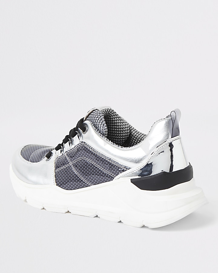 Silver metallic lace up runner trainers