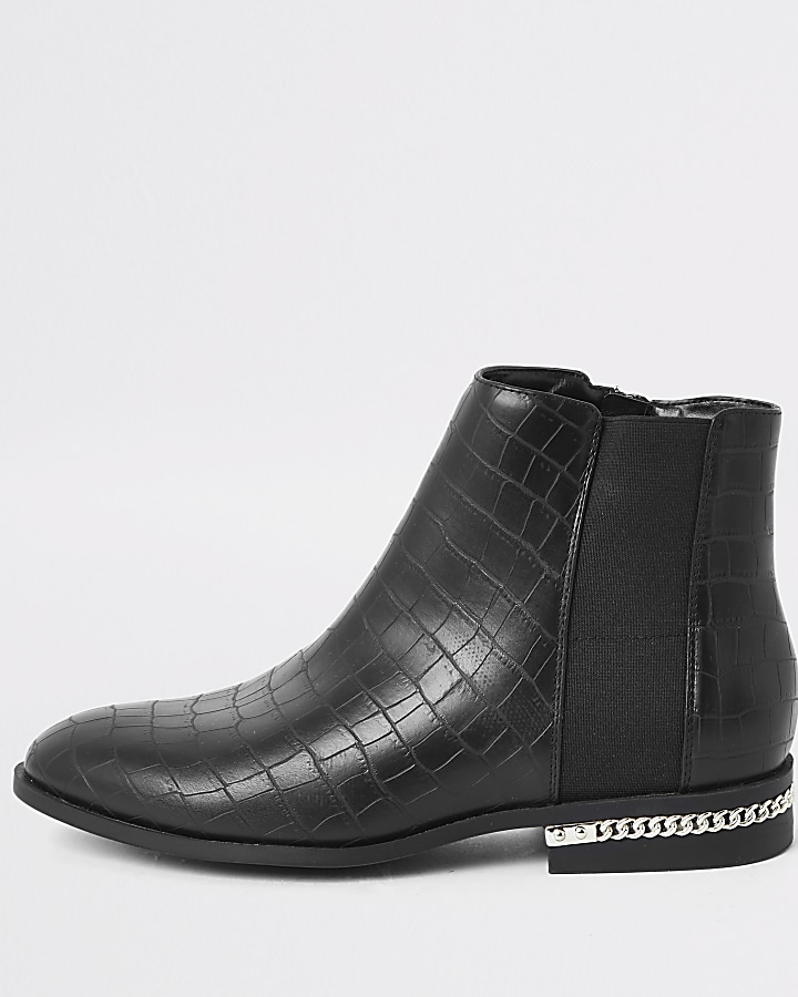 Black croc embossed ankle boots