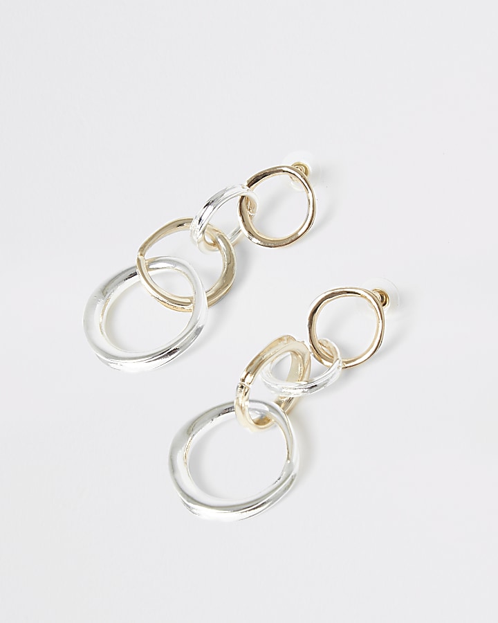 Silver and gold colour ring drop earrings