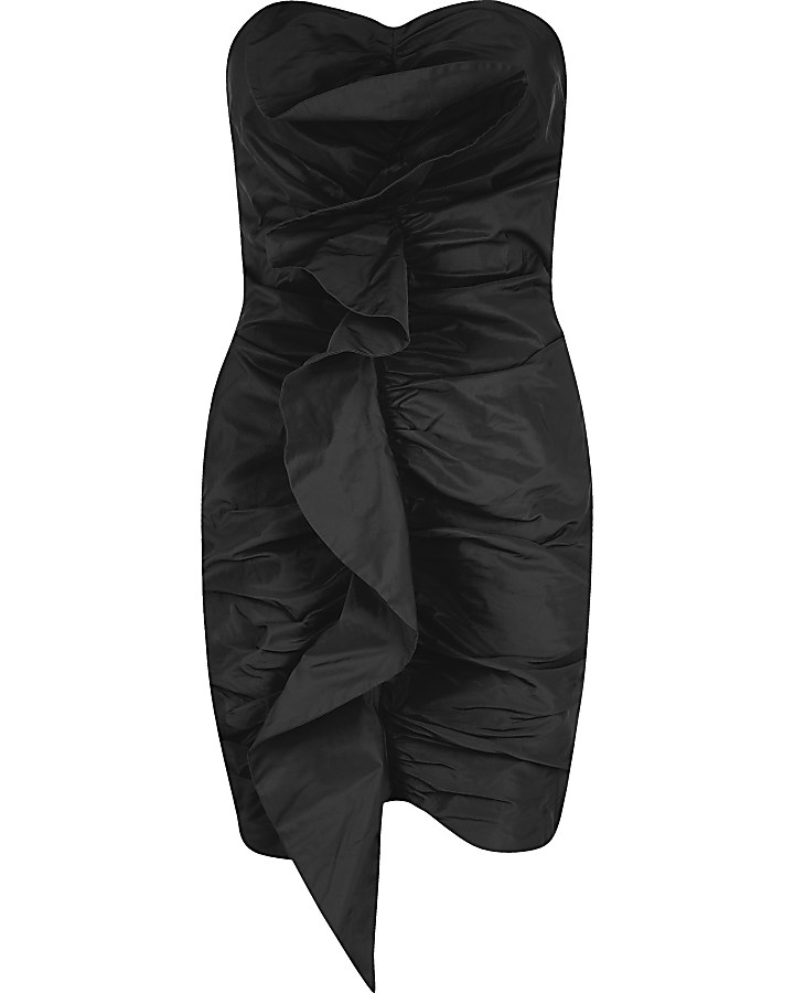 Black ruched front bandeau bodycon dress