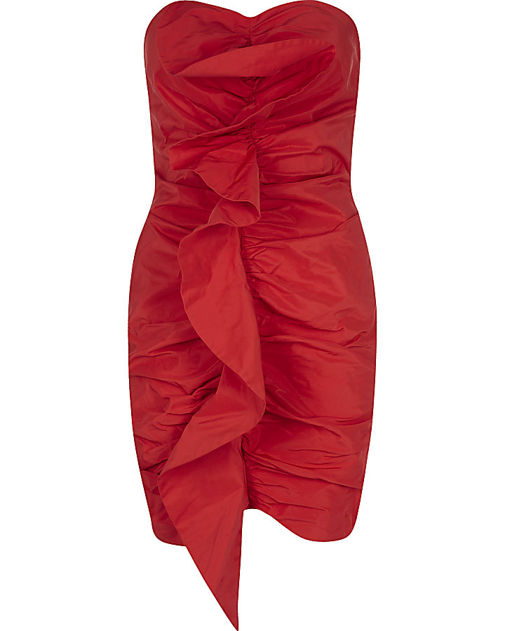 Red ruched front bandeau bodycon dress