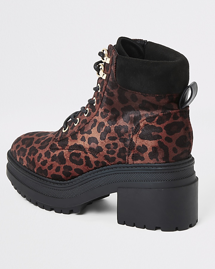 Red leopard print lace-up chunky boots