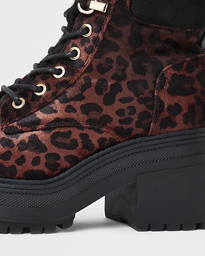 Red leopard print lace-up chunky boots