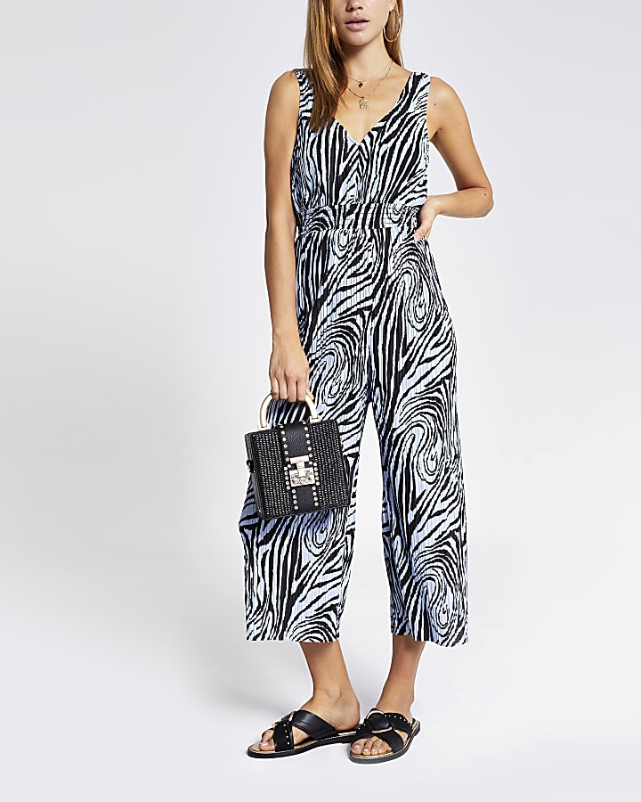 Blue zebra print plisse jumpsuit