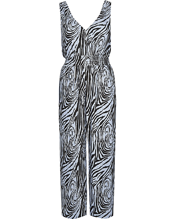 Blue zebra print plisse jumpsuit