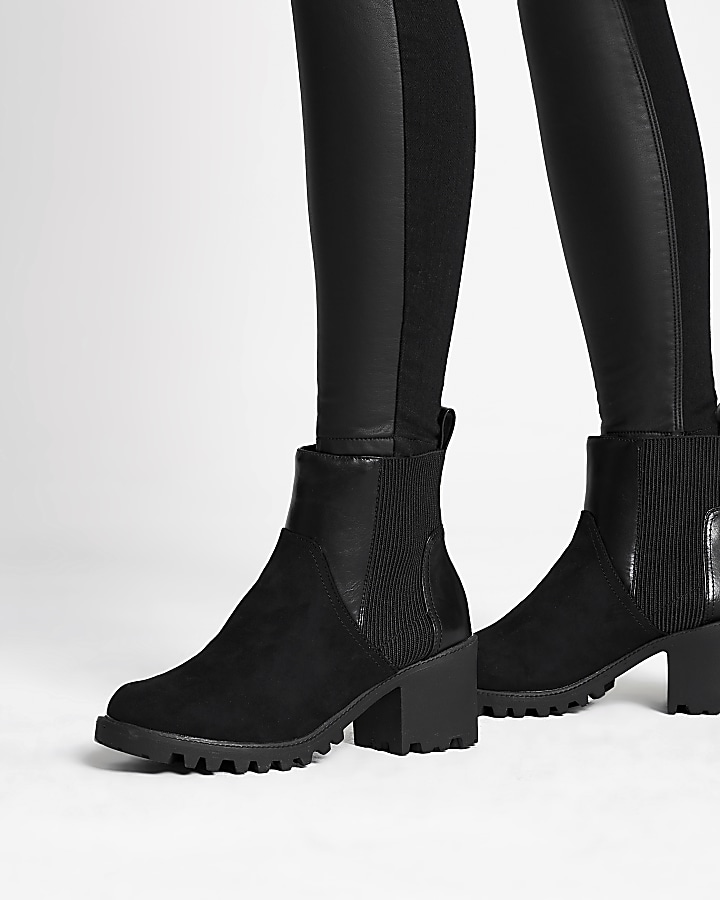 Black faux leather chunky wide fit boots