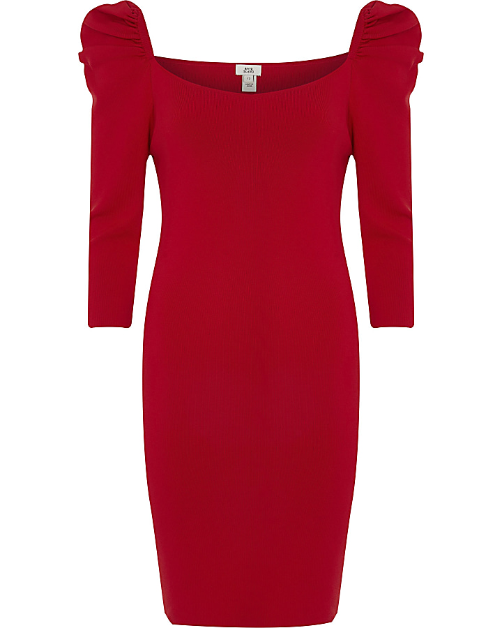 Red long puff sleeve knitted bodycon dress