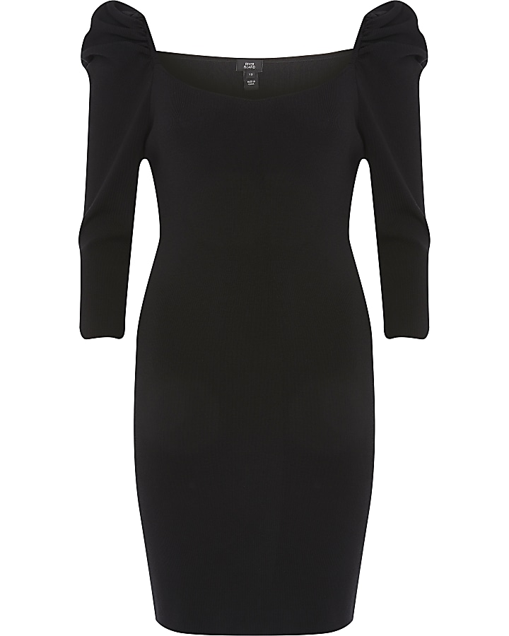 Black long puff sleeve knitted bodycon dress