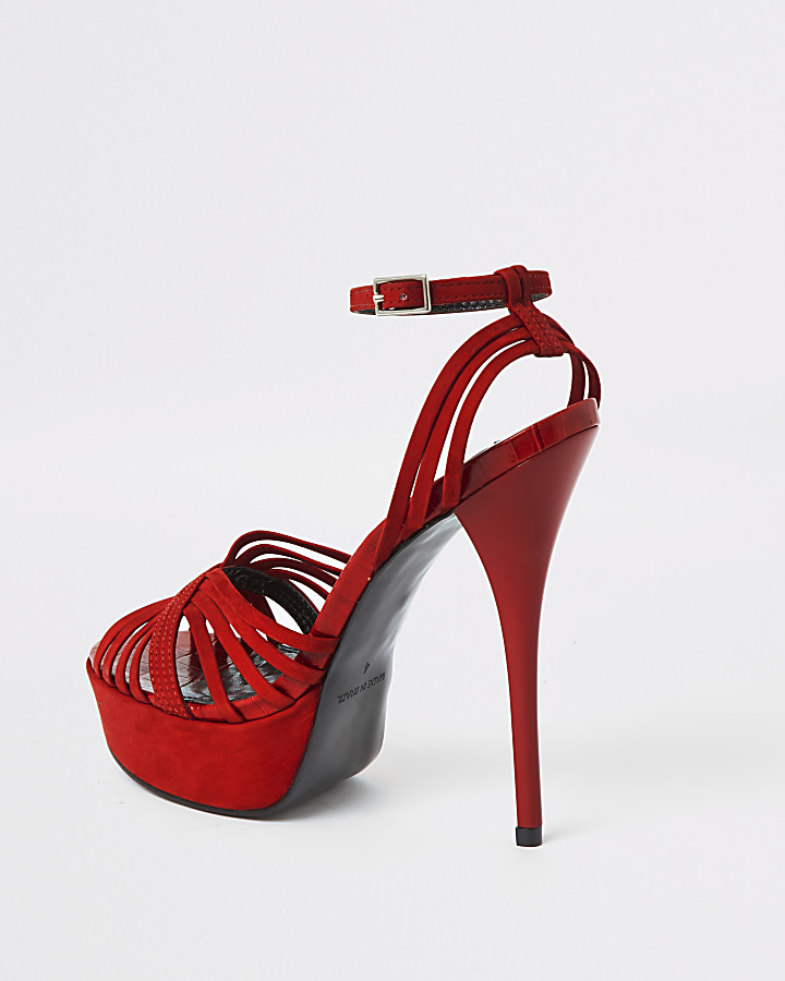 Red leather strappy high platform sandals