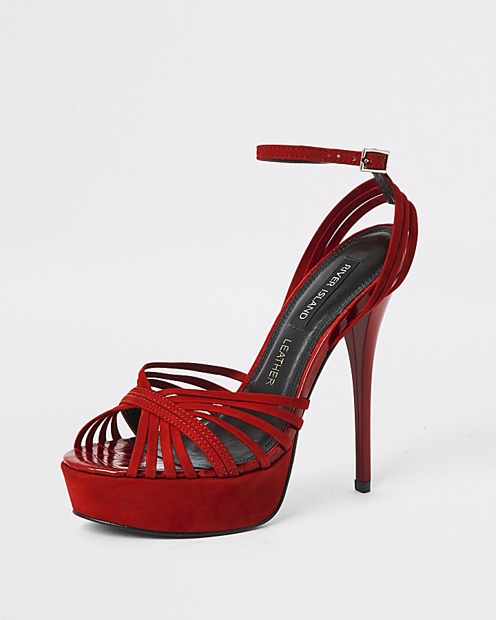 Red leather strappy high platform sandals