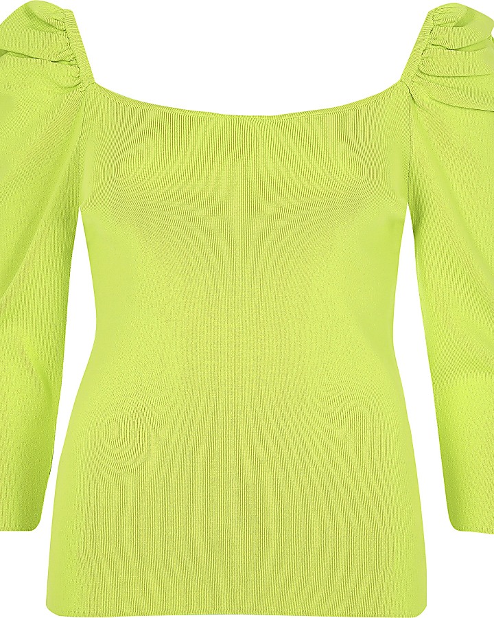 Neon green puff sleeve square neck top