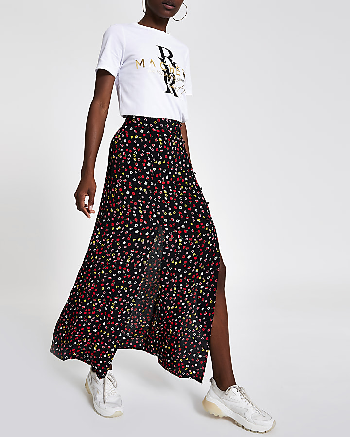 Black floral print split maxi skirt