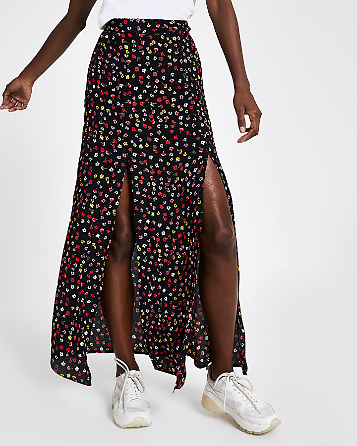 Black floral print split maxi skirt
