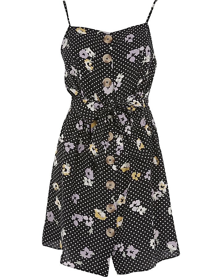 Black polka dot floral mini dress