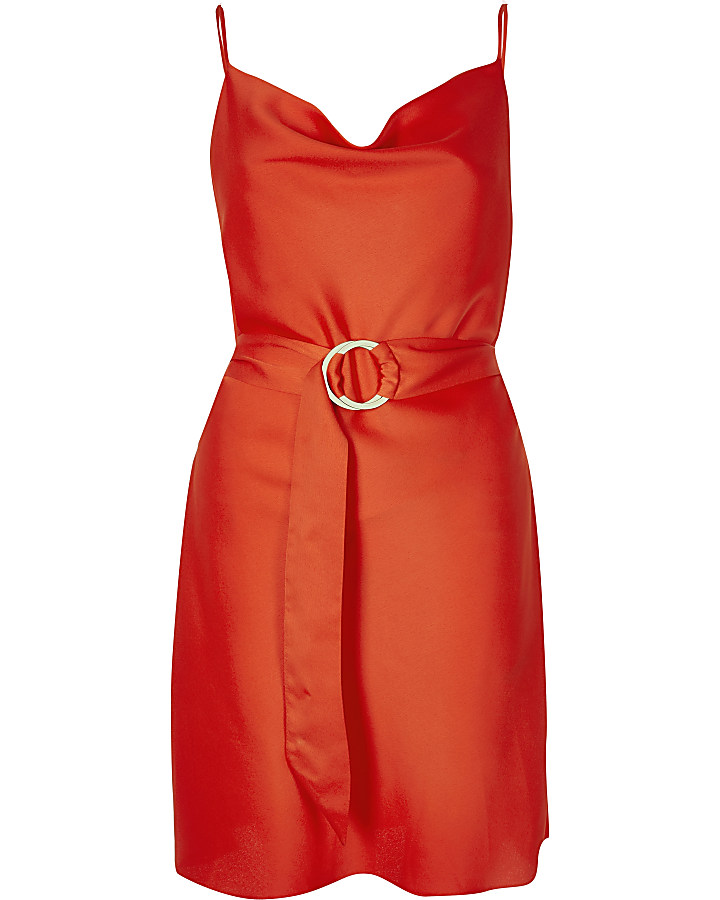 Red cowl neck belted slip dress