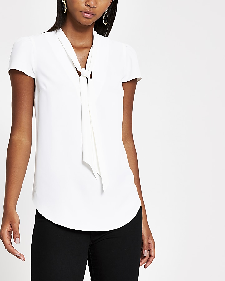White tie neck short sleeve blouse