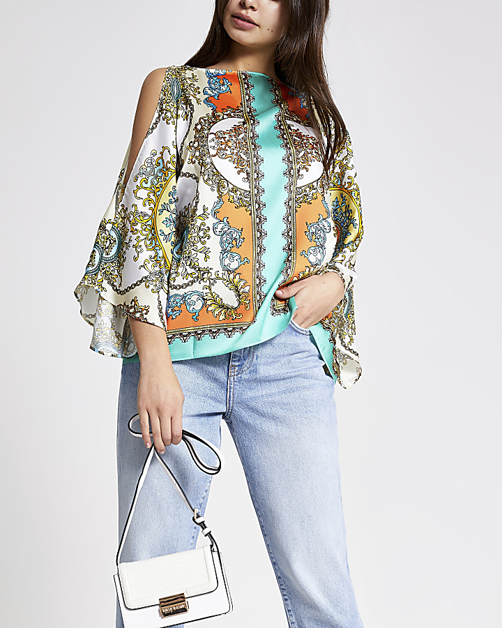 Turquoise scarf print cape top