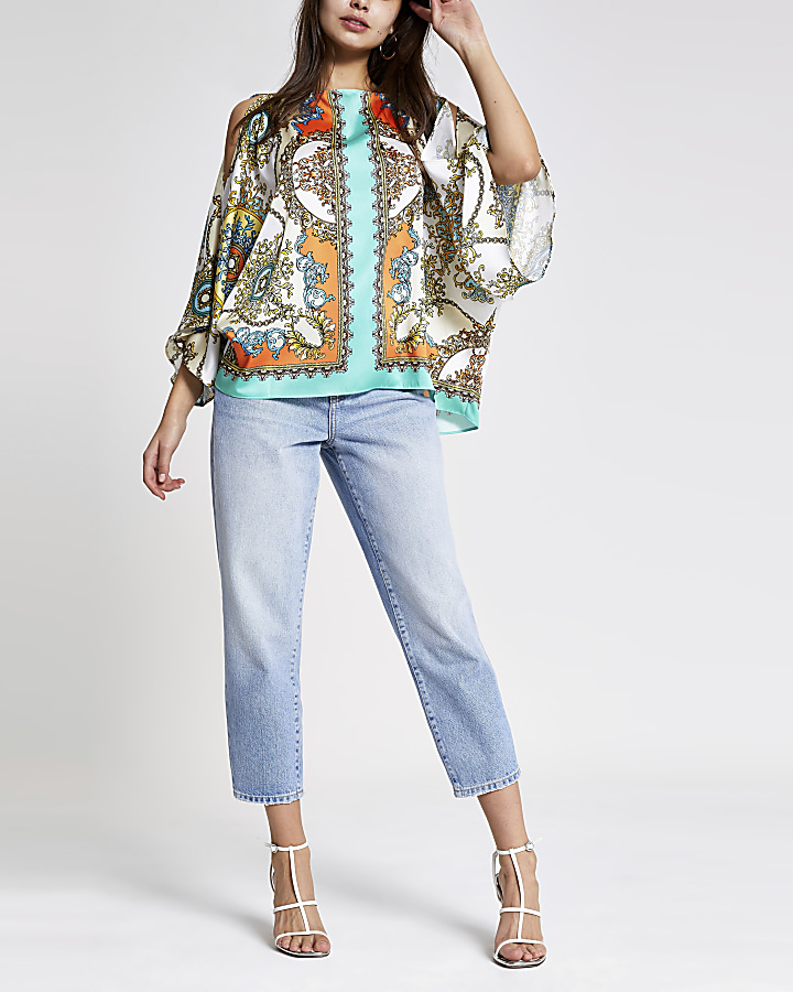 Turquoise scarf print cape top