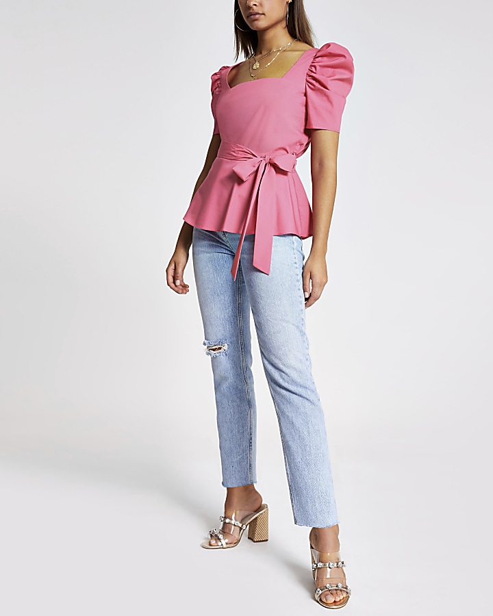 Bright pink square neck top