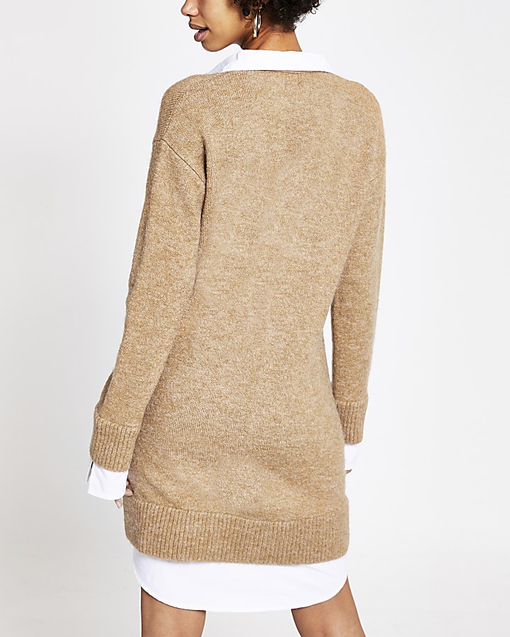 Brown knitted long sleeve jumper shirt dress