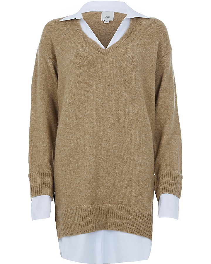 Brown knitted long sleeve jumper shirt dress