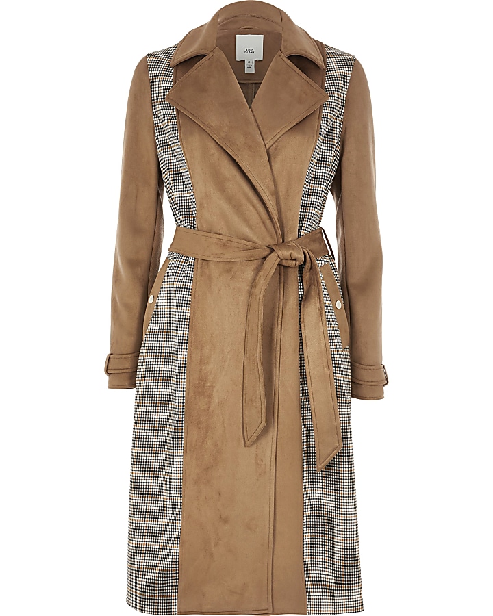 Petite brown checked belted trench coat