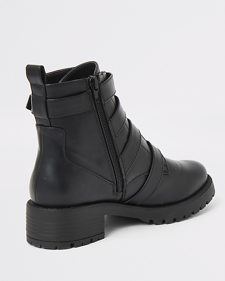 Black buckle strap chunky ankle boots