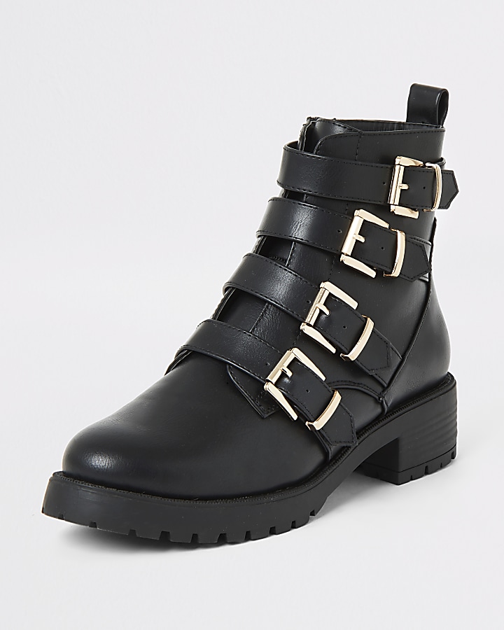Black buckle strap chunky ankle boots