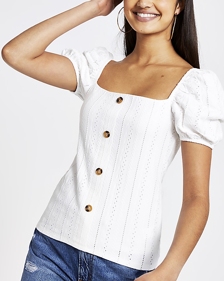 White broderie puff sleeve top