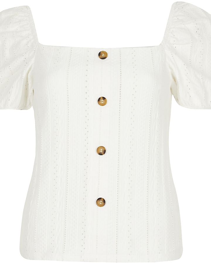 White broderie puff sleeve top