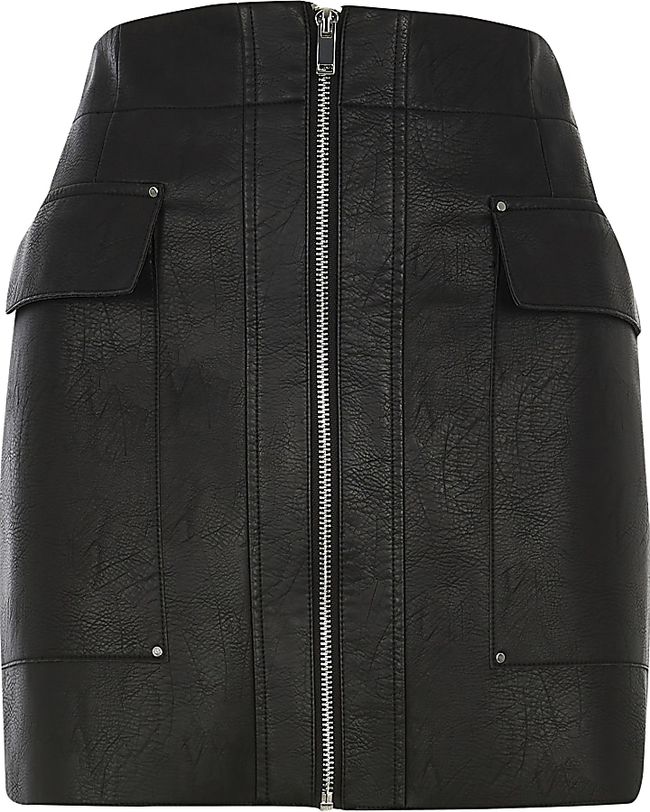Petite black faux leather utility mini skirt