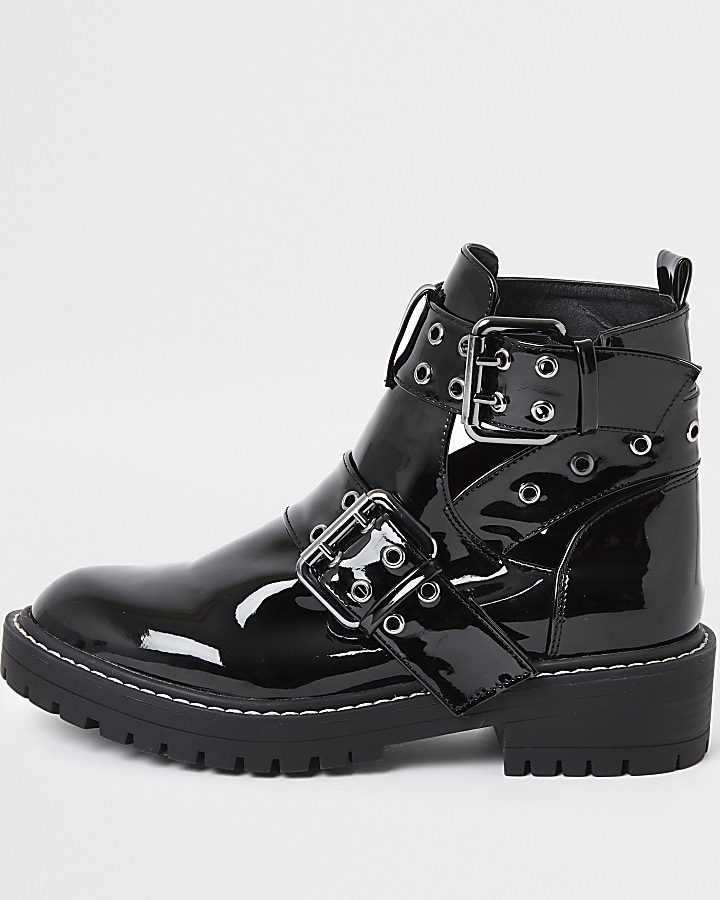Black patent cut away wide fit chunky boots
