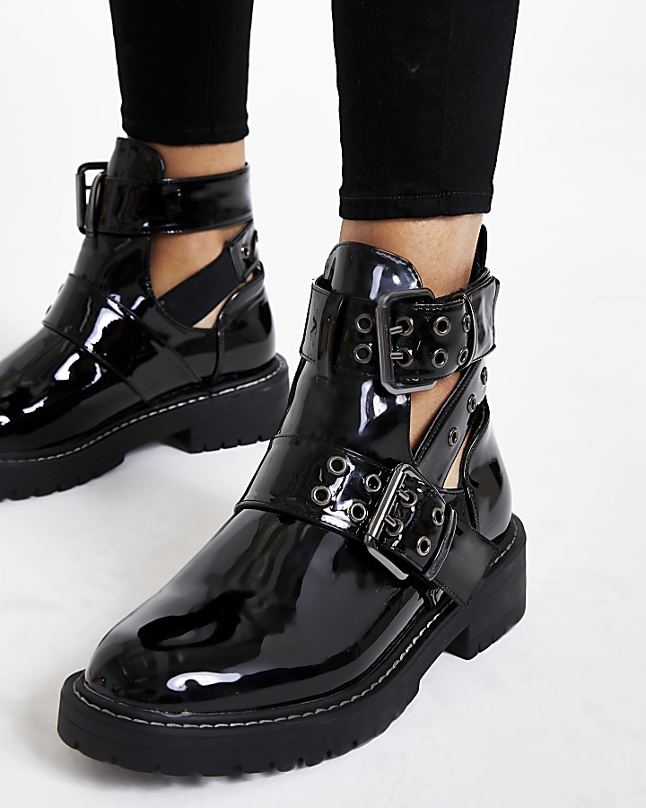 Black patent cut away wide fit chunky boots
