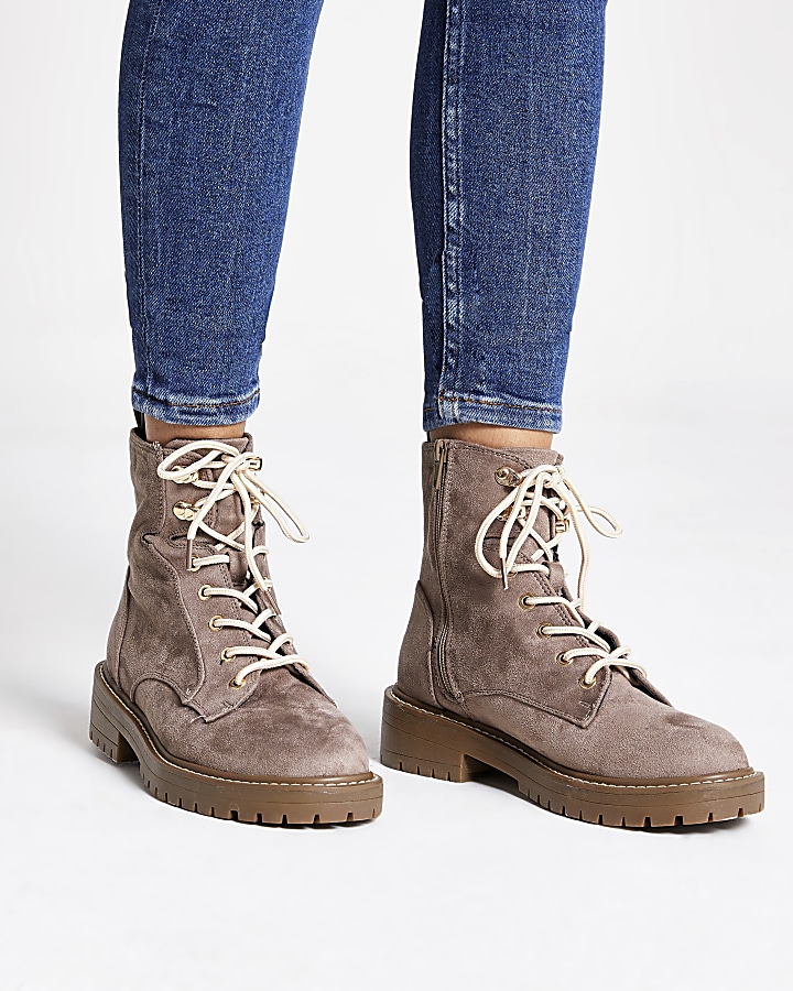 Grey wide fit chunky lace-up boots